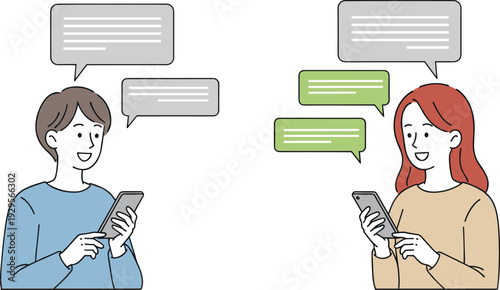 Young man and woman chatting on smartphones, online messaging and social media communication concept flat illustration design