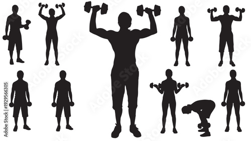 People fitness silhouette set with men and women doing dumbbell exercises, strength training poses, gym workout icons isolated on white background vector