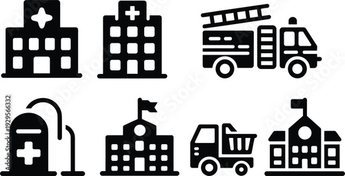 Set of public service building and vehicle icons including hospitals and fire trucks vector illustration