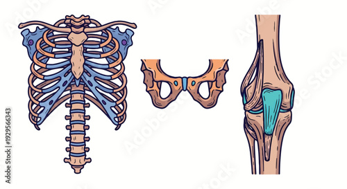 Human skeletal system ribcage pelvis and knee joint bones vector illustration