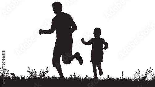 Silhouette runners of adult and child jogging together on grassy field, family fitness concept with outdoor play, parenting, motion, teamwork and healthy lifestyle