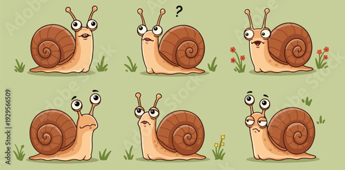 Six cartoon snails in various positions on a green background with grass
