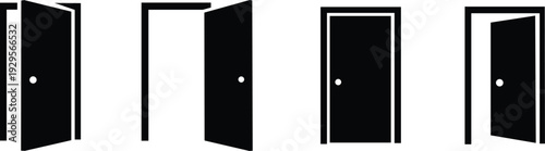 Door icons set. Open, close and ajar door. Doors collection. Opened entrance door set flat style - stock vector. isolated on transparent background