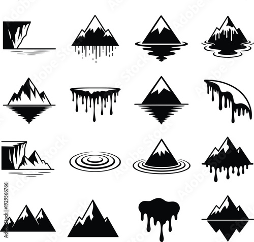 Minimalist black and white mountain icons set featuring geometric peaks cliff landscapes melting ice glaciers water ripples and abstract nature silhouettes for modern logo design