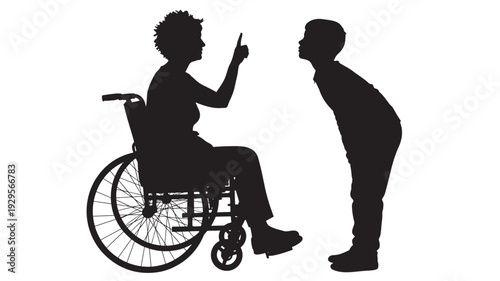 People silhouettes with a man in wheelchair scolding a young boy standing featuring silhouette, woman, child with discipline and parenting elements for education, behavior projects, clean composition
