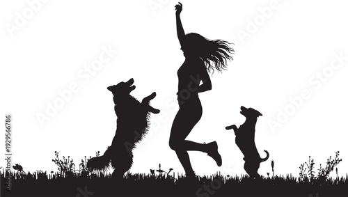 Woman silhouette playing with two dogs outdoors on grass, joyful jumping pose with pets, black cutout style on white background, playful friendship and fun
