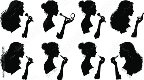 Set of elegant black female silhouettes applying makeup with brushes lipstick and compact mirror isolated on white background for beauty fashion and cosmetic branding