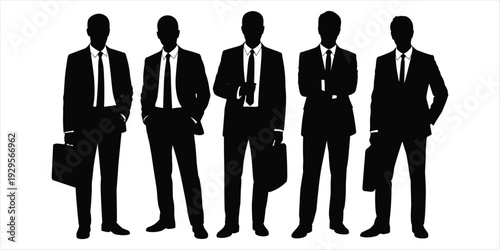 Silhouettes of five businessmen in suits standing together on white background Keywords: businessmen, business people, men