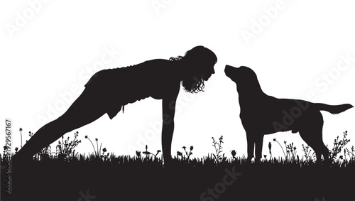 Woman doing yoga plank pose facing dog silhouette on grass with wildflowers, outdoor fitness training with pet companionship, minimalist black cutout on white background