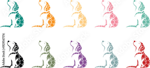 Colorful dog silhouettes made from small circle pattern, Canine animal shapes created using vibrant circular mosaic style