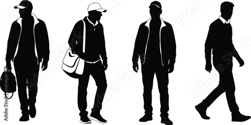 Collection of four black male silhouettes in casual street wear and jackets standing and walking with messenger bags isolated on white background