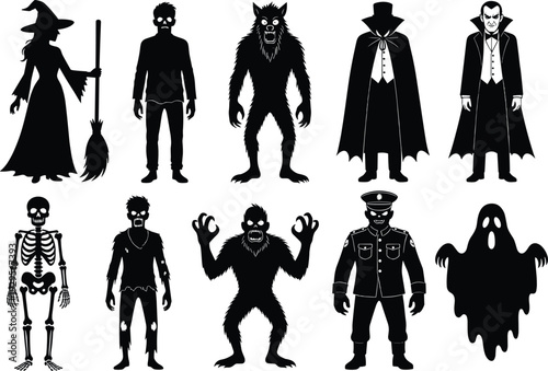 Set of spooky Halloween monster silhouettes including witch, vampire, werewolf, skeleton, ghost, and zombie characters for horror party invitation design and festive holiday decorations