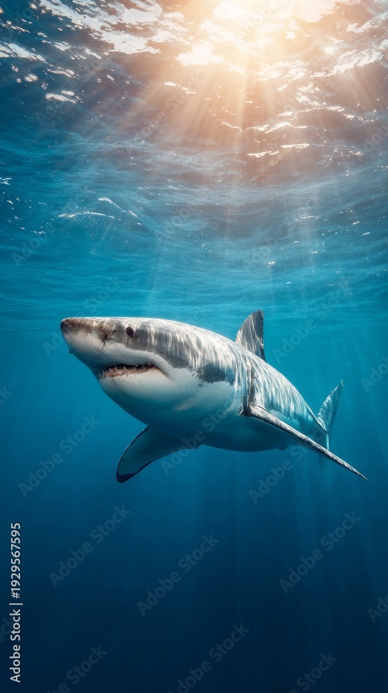 Fototapeta premium A shark is swimming in the ocean with the sun shining on it