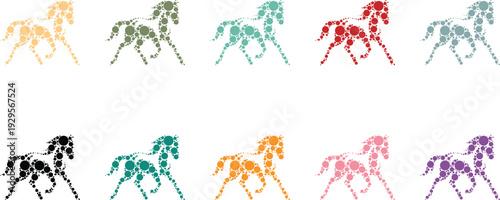 Dynamic horse silhouettes created from colorful dots, Abstract equine animal silhouettes formed with circle pattern style