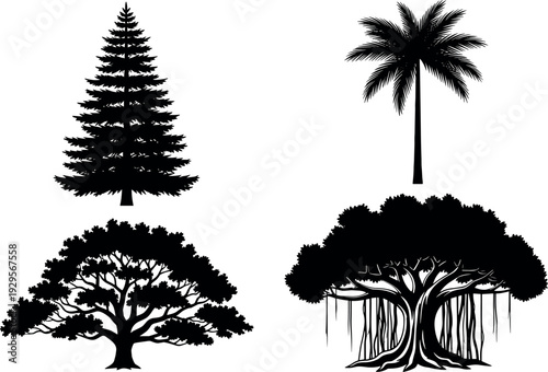 Tree silhouette collection featuring pine tree, palm tree, banyan tree and broad canopy tree, black nature forest vector illustration isolated on white background