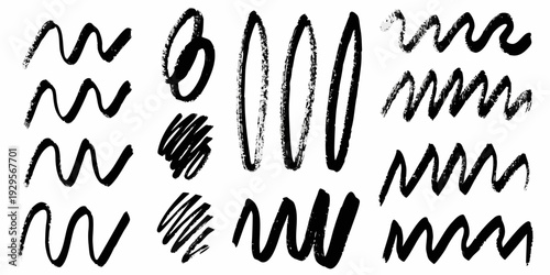 Collection of abstract black brushstroke shapes on a white background
