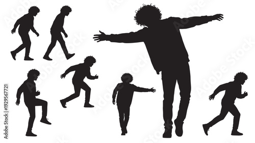 Men silhouette action pose set with walking running jumping gestures, black human figures isolated on white background, dynamic motion collection for design