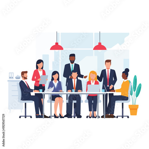 Diverse business team collaborating in a modern office meeting, discussing strategies and ideas. Professional multi-ethnic group working together on a project.