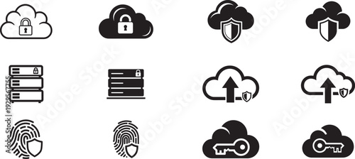 Secure cloud storage and biometric fingerprint icon set for data protection and cybersecurity