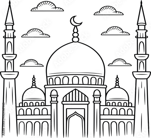 Mosque architectural line drawing featuring large dome minarets crescent moon symbol and decorative clouds in sky