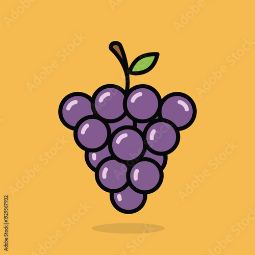 Vector illustration of a vibrant cartoon illustration of a bunch of purple grapes with a green leaf on a yellow background