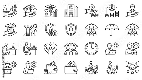Workplace Benefits & Employee Experience Line Art Icons Set on PNG Background, workplace icons, employee icons, benefits icons, line art icons, outline icons, minimal icons, professional icons, 