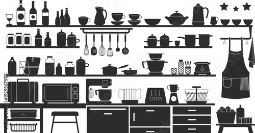 Modern kitchen utensils and cookware silhouettes set, pantry shelf icons, appliances, pots, pans, mugs, apron and kitchen accessories, minimalist vector collection