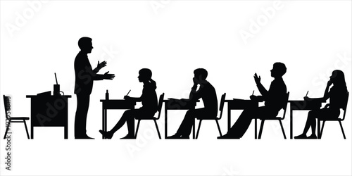 Teacher instructing students in a classroom silhouette with desks and chairs education learning