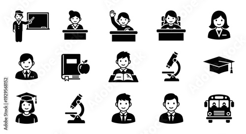 Collection of Student and Education Icons in Black and White.