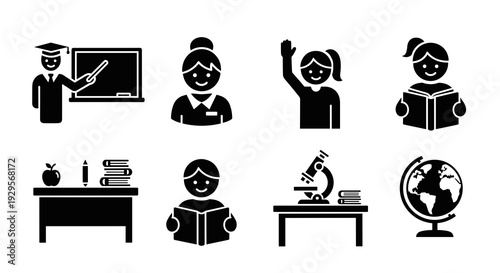 Set of Eight Diverse Student and Teacher Icons.