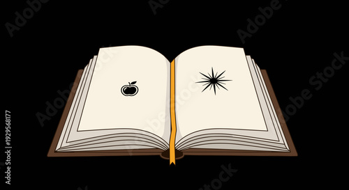 Open Book with Compass and Star Symbols on Pages.
