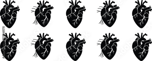 Ten Black Anatomical Heart Silhouettes Arranged in Two Rows human heart cardiovascular
