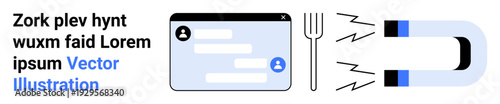 Online connectivity, digital interfaces, attraction, engagement, communication ideas, informational tools. Dialogue box, fork and magnet set against a white background. Connectivity and attraction