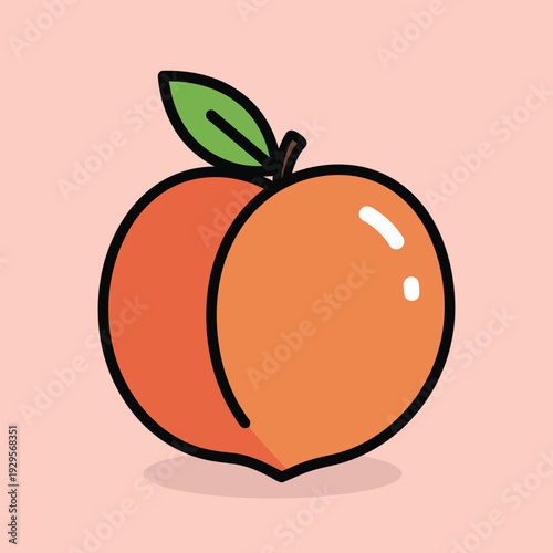Vector illustration of a vibrant cartoon peach with a green leaf on a pink background illustration