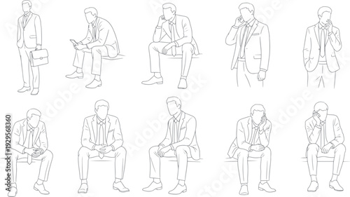 Vector set of minimalist businessmen outline sketches, collection of male professional figures in sitting and standing poses for architectural rendering.