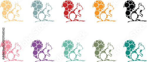 Colorful circle squirrel silhouettes in grid layout, Squirrel animal shapes made from abstract colorful dot pattern