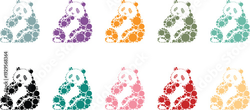 Colorful circle panda bear silhouettes in grid layout, Sitting panda shapes created from vibrant circular mosaic design