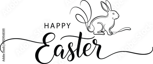 Elegant Happy Easter vector greeting card featuring a minimalist line art bunny silhouette and stylish cursive calligraphy lettering for seasonal spring holiday celebration designs.