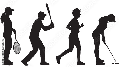 Athletes sport silhouette set with tennis player, baseball batter, running jogger, and golf putter poses in black isolated figures on white background