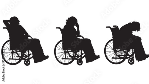 Wheelchair user silhouette trio with seated poses showing tired, worried and resting gestures, disability concept icons isolated on white background for healthcare design