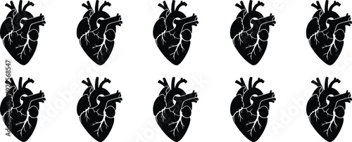Ten Black Anatomical Heart Silhouettes Arranged in Two Rows human heart cardiovascular