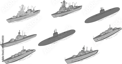Naval fleet vector set, warship and submarine silhouettes, destroyers and battleships, modern navy vessels and subs, maritime military fleet illustration collection