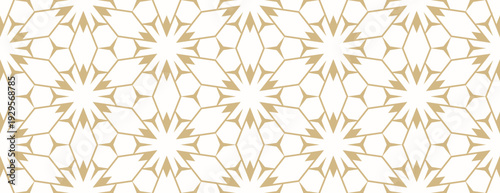 Luxury vector abstract geometric seamless pattern. Gold and white lines texture, elegant floral lattice, quirky edgy mesh, grid. Subtle golden oriental ornament background. Repeating modern geo design
