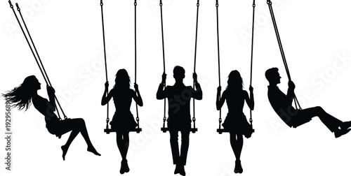 People on swing silhouette set, man and woman swinging isolated vector illustration, playful outdoor activity black icon collection