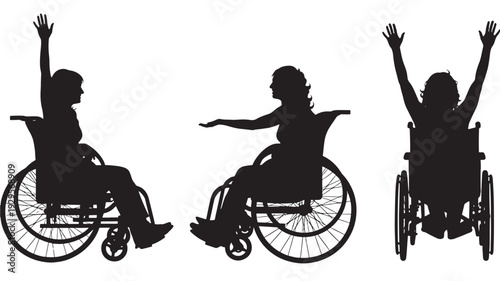 Wheelchair user silhouette trio with raised arms and dynamic poses, disability and accessibility concept, rehabilitation support, inclusive lifestyle icon isolated on white