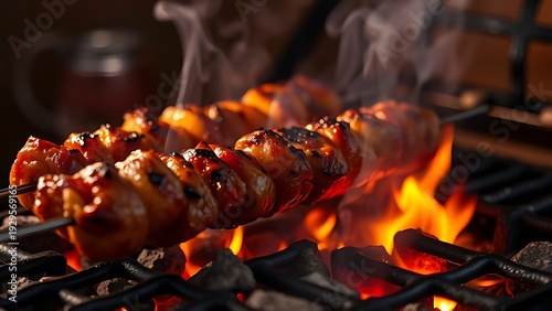  Sizzling meat skewers on a charcoal grill with glowing embers and rising smoke, evoking a rustic outdoor feast. menu design.