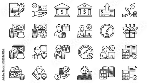 Finance & Economics Line Art Icons Set on PNG Background, finance icons, economics icons, line art icons, outline icons, tax icon, payment icon, bank icon, paycheck icon, investment icon, economy icon