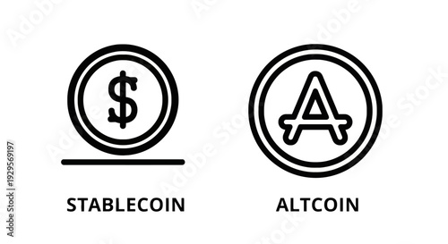 Icons representing stablecoin with dollar symbol on coin and altcoin with letter A, symbolizing different types of digital currency.
