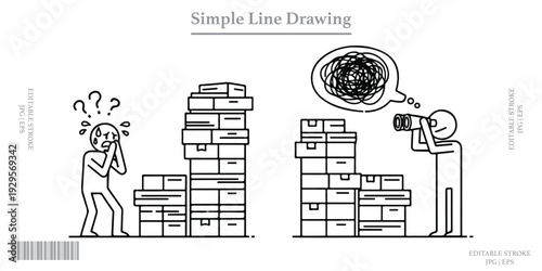 Information overload confusion stacks of files brain search simple line drawing