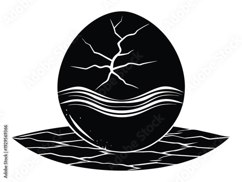 Easter Sunday silhouette new life Black and white cracked egg with water and ice texture base water texture